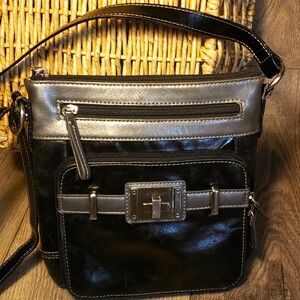 Genuine leather vintage black,silver crossbody bag, womens.